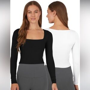 90 Degrees by Reflex White and Black Square Neck Long Sleeve Crop Top Set
